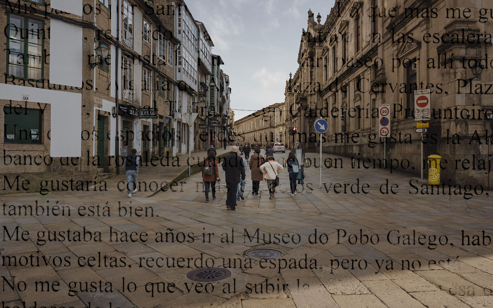 Perspectiva de la calle de San francisco en la que se superpone un párrafo con un testimonio  