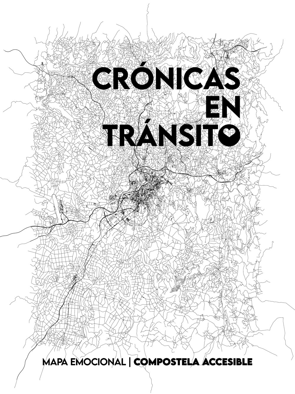 Dibujo del mapa de Santiago con las letras Crónicas en Tránsito, Mapa Emocional Compostela accesible, que se pueden leer sobre el mismo.